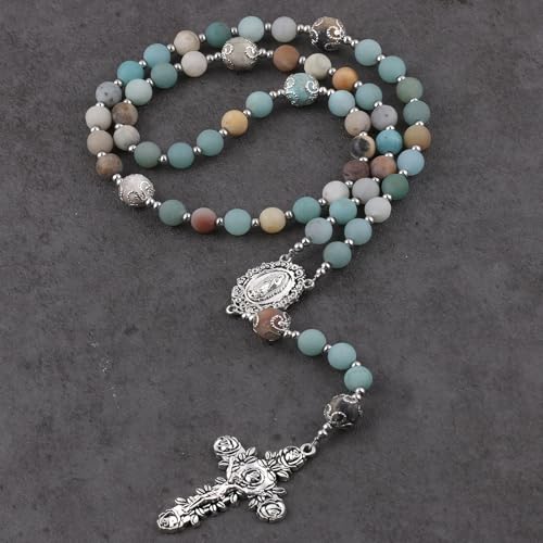 8mm Natural Stone Amazonite Beads Rosary with Caps Guadalupe Medal and Pardon Rose Crucifix4