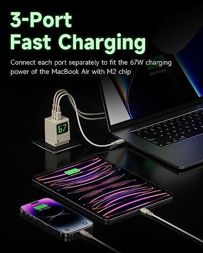 Image of SHARGE USB C Charger, Retro 67 Power Display 3-Port Fast GaN Charger with Digital Rain, 67W Foldable, for Phone 17 /16 /15 Pro Max, iPad, MacBook, Galaxy, Google Pixel Gifts Idea