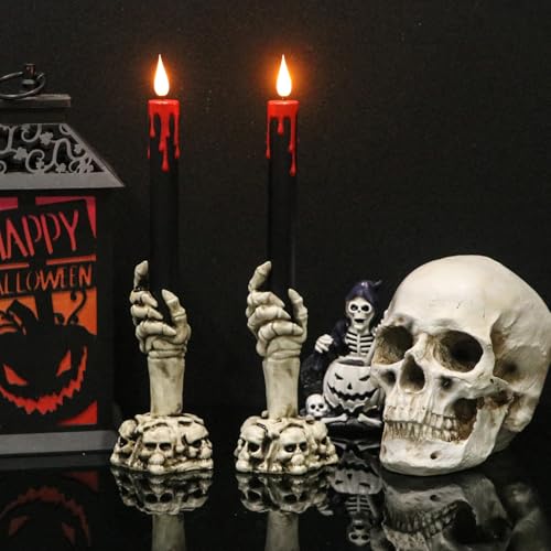Image of Black Flameless Taper Candles Battery Operated with Remote and Timer, Blood Dripping Wax LED Flickering Candles Skeleton Hand Holders Dinner Table Halloween Decor Lights(2 Pack, 3 inch x 12 inch)