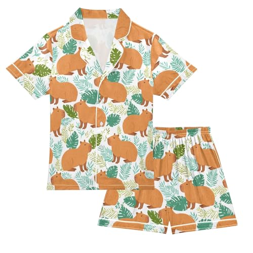 Capybara Leaf Green Pattern Summer Satin Pajama Set, Cute Button-Down Sleepwear Pj Set for Sleep Wears