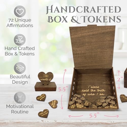 Image of Positive Affirmations Box | Moon Phase Themed Engraved Wood Box with 72 Positive Affirmation Heart Cutouts | Daily Motivational Gift for Women