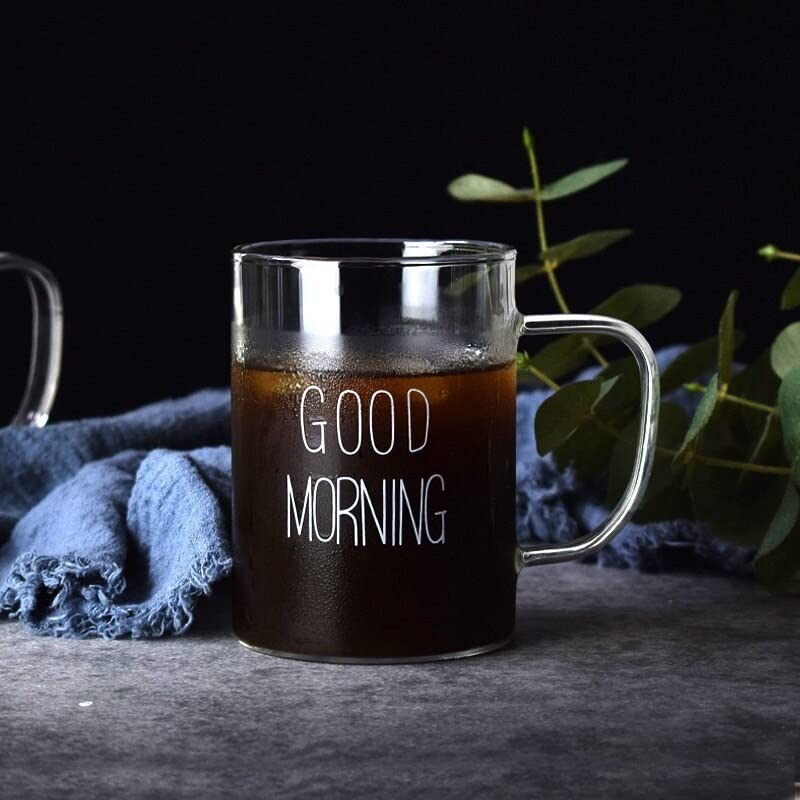 2 Adet Cam Kupa Kulplu Bardak Büyük Boy Good Morning Borosilikat Isıya Dayanıklı Cam Kupa 450 ml