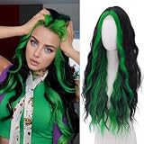 Green Wig - Black and Green Wigs for Women Long Natural Wavy Synthetic Wig Heat Resistant Fiber Wigs for Daily Party Halloween Cosplay