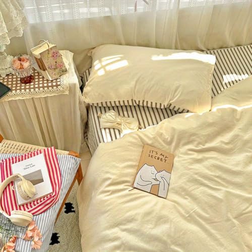 Image of Nayoroom Yellow Duvet Cover Queen Reversible Brown Striped Bedding Set