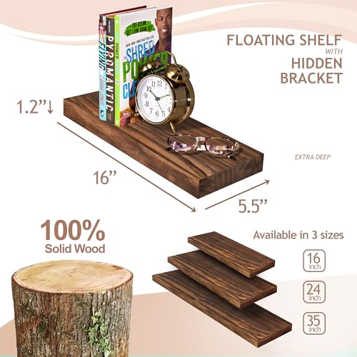 Sorbus Wood Floating Shelves for Wall - 16” Solid Wood Wall Shelves for Bathroom Decor, Books, Bedroom & Living Room - Set of 2 Walnut Wall Mounted Kitchen Shelves - Durable Solid Pine - Thumbnail 3