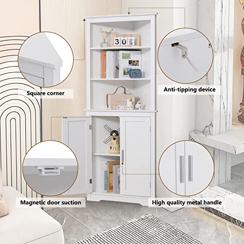 Usikey 63.7“H Tall Corner Cabinet, Corner Storage Cabinet With 2 Doors And 3 Shelves, Freestanding Corner Bathroom Cabinet For Bedroom, Living Room, Kitchen, White #TOP4