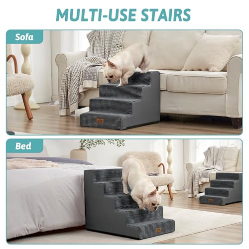Image of COZY KISS Dog Stairs for Small Dogs 5-Step, 19.7 inch Extra Wide Right-Angle Pet Stairs for Couch and Beds, Anti-Slip Dog Steps for Old Cats and Lowrider, 19.7x29.5x23.6 inch, Dark Grey
