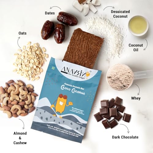 Image of ANAVRIN Choco Coconut Protein Bar - 15g Protein, 4g Fibre in each Bar (6 Bars x 50gm) No Added Sugar, Goodness of Dates, No Soy Gluten Free High Protein Energy Bar, Healthy Snack