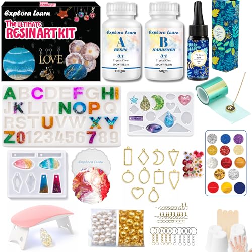 Image of Exploralearn Pro Max Resin Art Kit with UV Resin Combo: UV Resin (25g) & Epoxy Resin (200g) - Alphabet Mould, Jewelry Moulds, UV Lamp, Bezels, Flowers, Glitter, DIY Jewelry Making Kit for Kids & Adults