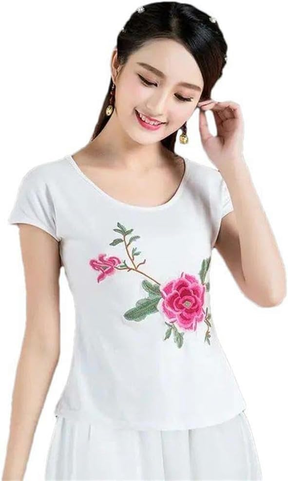 Women's Embroidered Round Neck Short-Sleeved Cotton Ethnic Style Traditional Chinese Style Dance Clothing Summer Shirt