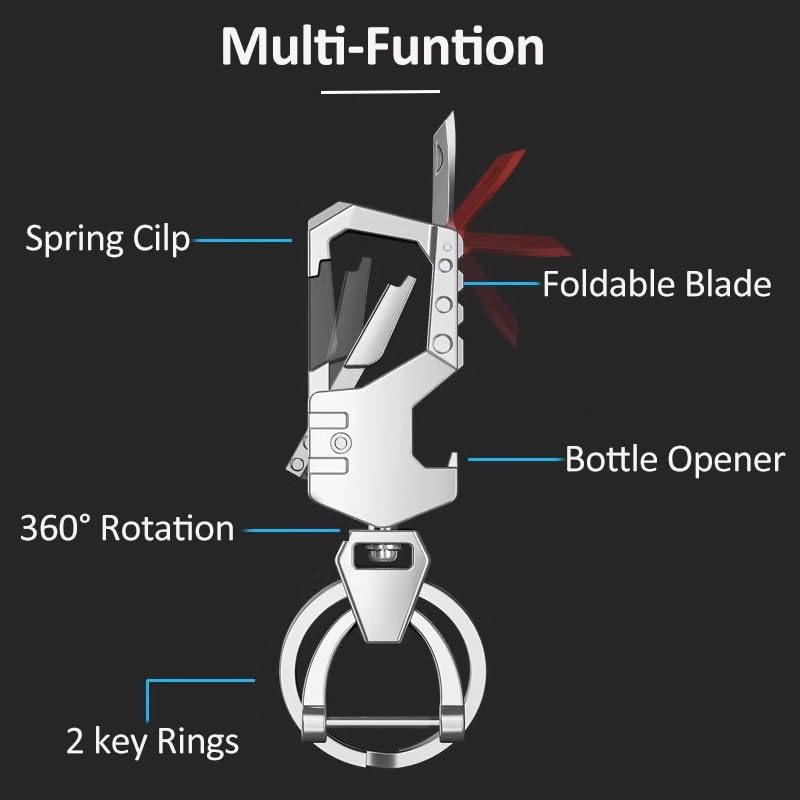 Image of IUIU Metal Keychain with 2 Key Rings, Heavy Duty Carabiner Clip Car Key Holder with Bottle Opener and Package Opener - Silver