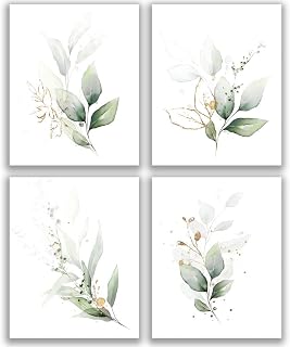 Botanical Plant Simple Life Green Leaf Painting Bathroom Wall Decor Art Print Set of 4(8”X10”), Watercolor Modern Bohemia Botanical Floral Leaves Kitchen Plant Pictures, Boho Leaf Eucalyptus Wall Décor, No Frame