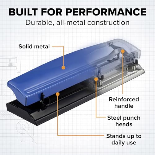 Image of Bostitch 3-Hole Punch, 15 Sheet Capacity, Heavy Duty All-Metal Paper Punch, Non-Slip Base, Easy-Empty Chip Tray, 9 /32 inch Holes, Fits Standard 3 Ring Binders, Office, School & Home, Blue