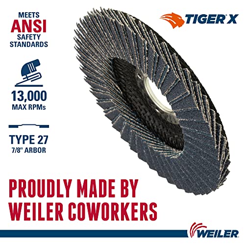 Image of Weiler 51223 Tiger X Flap Disc, Ceramic and Zirconia Alumina, Flat, Phenolic Backing, 40 Grit, 4-1 /2 inch, 7 /8 inch Arbor Hole (Pack of 10)