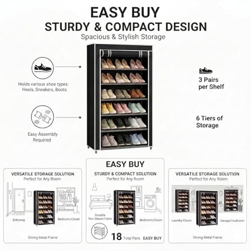 Image of EASY BUY Black Shoe Rack with Cover, Plastic Rack 6 Shelves with Zip Door Cover & Side Pocket | Dustproof Multiuse Storage Organizer for Footwear, Clothes, Toy, Shoe Rack Plastic, Slipper Stand