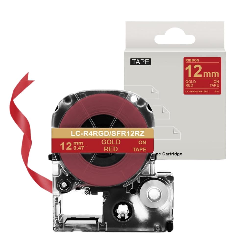 Cinta de Raso de 12 mm SFR12SK Compatible con Modelos de rotuladoras SFR12RZ SFR12PK SFR12ZK SFR12PZ SFR12SZ para número de Pieza SFR12SK(Gold on Red)