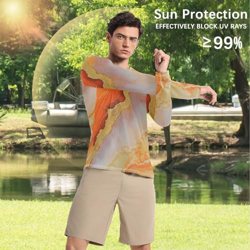 Marble Orange Gold Men's UPF 50+ Swim Shirts Comfortable Loose UV Sun Protection Long Sleeve Shirts Running4