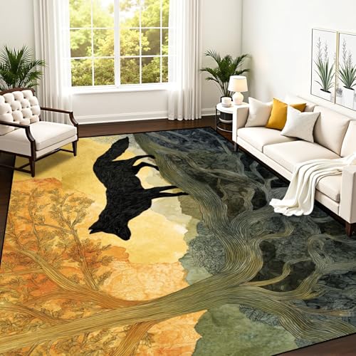 PeeNoke Poised Fox Log Layered Watercolor Forest Textures Area Rug
