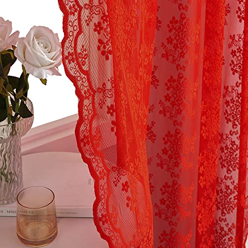 Red Sheer Curtains 63 Inch Length 2 Panels Set, Lace Christmas Curtains For Bedroom Winter Window Treatments For Holiday Living Room Dining Room Bedroom Decor Xmas Decorations 52 X 63 Inches ,Red #TOP3