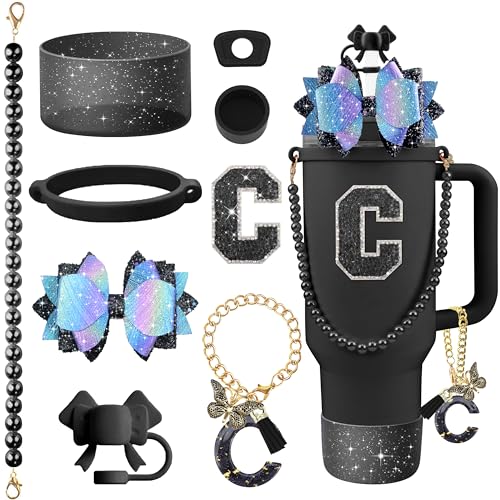 Hpebl 9PCS Black for Stanley Cup Accessories Set Bling Initials Bow Charms for Stanley Decorations 30/40 Oz Tumbler Accessories Including Bow Straw Topper, Handle Strap, Spill Stopper（Letter C）