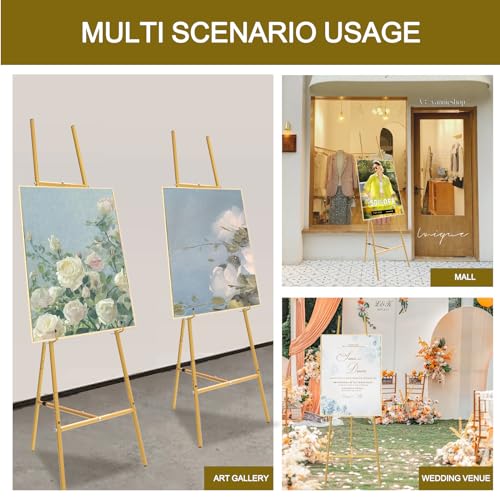 Gold Easel Stand for Sign,Heavy Duty Easel,Metal Large Freestanding Adjustable Display Stand,Easel Stand(3-Tier),Easels for Display,Easel Stand for Sign,Easel,Suitable for Painting and Display.