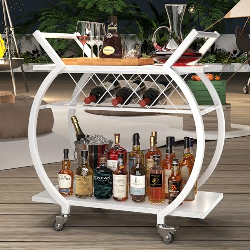 Image of LVB White Bar Cart, Modern Rolling Serving Wine Cart with Storage for Home | Coffee Liquor Drink Cart with Wheels, Wood and Metal Kitchen Microwave Beverage Cart, Drink Liquor Cart for Dining Room