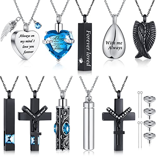 Jexine 10 Pcs Urn Necklace For Ashes Cremation Jewelry Wings Tear Drop Cross Crystal Ashes Necklace Stainless Steel Zircon Memorial Locket Vertical Bar Heart Waterproof Keepsake For Men(Lake Blue)