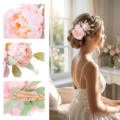 Pinza para cabello con flor rosa de tela vintage miniatura 3
