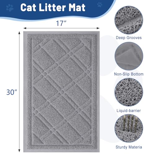 Smiry Cat Litter Box Mat 30x17, Non-Slip Water Resistant Litter Trapping Mat, Easy Clean Less Waste and Urine-Locking Cat Carpet for Indoor, Grey