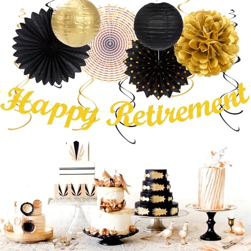 Image of Black Gold Happy Retirement Party Decorations Banner Women Men Huglony | 21pcs Retiree Farewell Banner,Streamers,Paper Lanterns,Pom Poms Fans,Work Teacher Retirement Supplies Backdrop