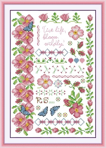 Image of CaptainCrafts Cross Stitch Kits for Adults Counted Cross Stitch Unprinted Fabrics Needlework Craft Home Decor (Counted 14CT, Flowers in Full Bloom)
