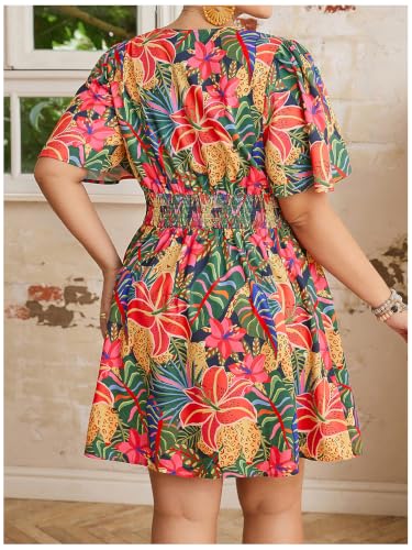 Image of Floerns Women's Plus Size Printed V Neck Short Sleeve Ruffle Hem Summer Short Dresses
