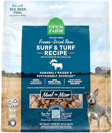 Open Farm, Freeze Dried Raw Dog Food, Morsels with 95% Meat, Organs & Bone, Organic Produce & Superfoods, Complete Meal or Freeze Dried Dog Food Topper, Surf & Turf Recipe, 13.5oz Bag
