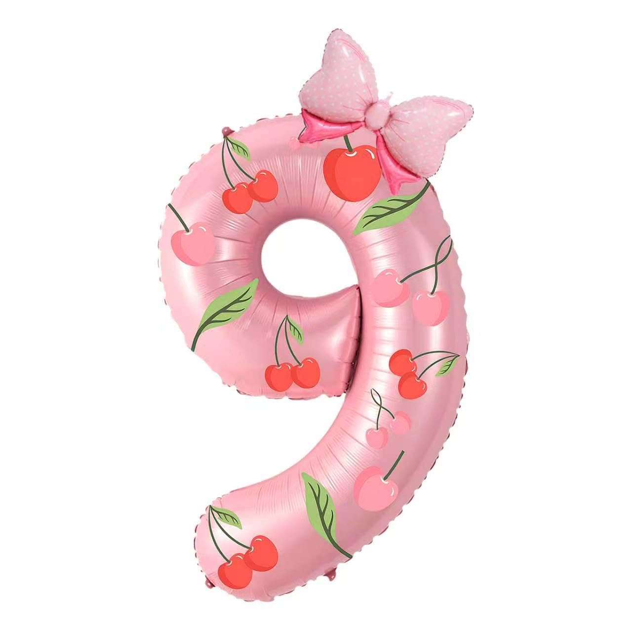 Antwhale 32 Inch Cherry Number 9 Balloon And Mini Bow Balloon Foil Polyester Film Number Balloon Children's Birthday Girls' Party Anniversary Wedding Supplies Decoration
