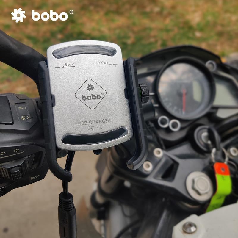 Image of BOBO BM1 PRO Jaw-Grip Waterproof Bike /Motorcycle /Scooter Mobile Phone Holder Mount with Fast USB 3.0 Charger, SAE Connector & Small USB Cable, Ideal for Maps and GPS Navigation (Silver)