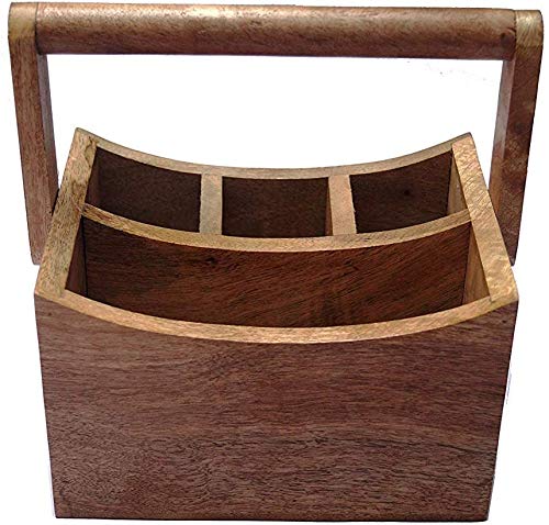 THEHEARTWILL Handmade Wooden Multipurpose Cutlery Holder Basket Shape (4 Compartments Brown, 8x7x5 Inches)