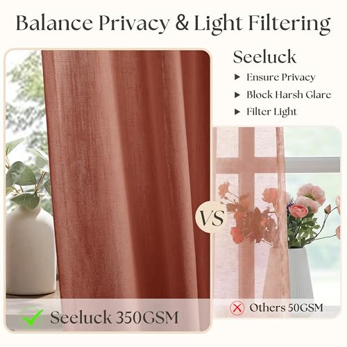 Image of Rust Pinch Pleated Semi Sheer Linen Curtains 96 Inch Long Rustic Drapes | Terracotta, Light Filtering Privacy, Bedroom Living Room, Faux Linen Textured, Hook Rings Memory Shape, Farmhouse Cottage