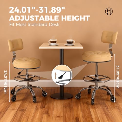 Image of Office Drafting Chair with Footrest, Tall Height Adjustable Stool with Back Support, Heavy Duty Rolling Stool Chair with Wheels for Office Home Kitchen Bar Shop Guitar Studio Vanity, White