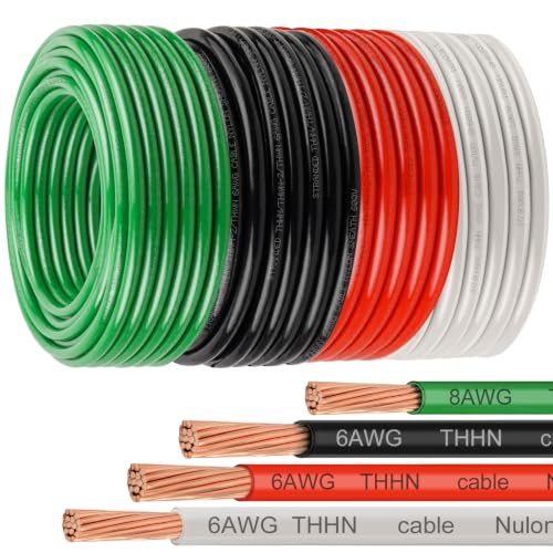 XRDS -RF 4-Pack Stranded Copper THHN Wire Combo, 6AWG & 8AWG Electrical Wire Set 35FT, Pure Copper Building Cable with PVC Insulation & Nylon Jacket (Includes 6 AWG Black/Red/White & 8 AWG Green)