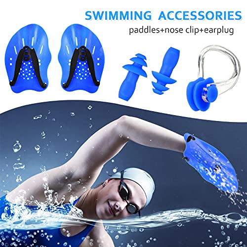2 Sets Swim Hand Paddles Training Contoured Exercise Adjustable Straps Swim Paddles With Ear Plugs Nose Clip For Women Men (Silver, Blue) #TOP5