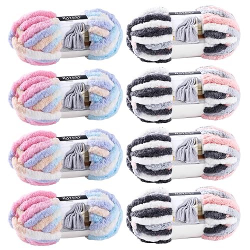 Image of Chunky Chenille Yarn for Hand Knitting 8 Jumbo Pack Jumbo Chunky Yarn for Hand Soft Blanket Knitting, Bulky Thick Fluffy Yarn for Crocheting (Marshmallow Color+Kitten Color)