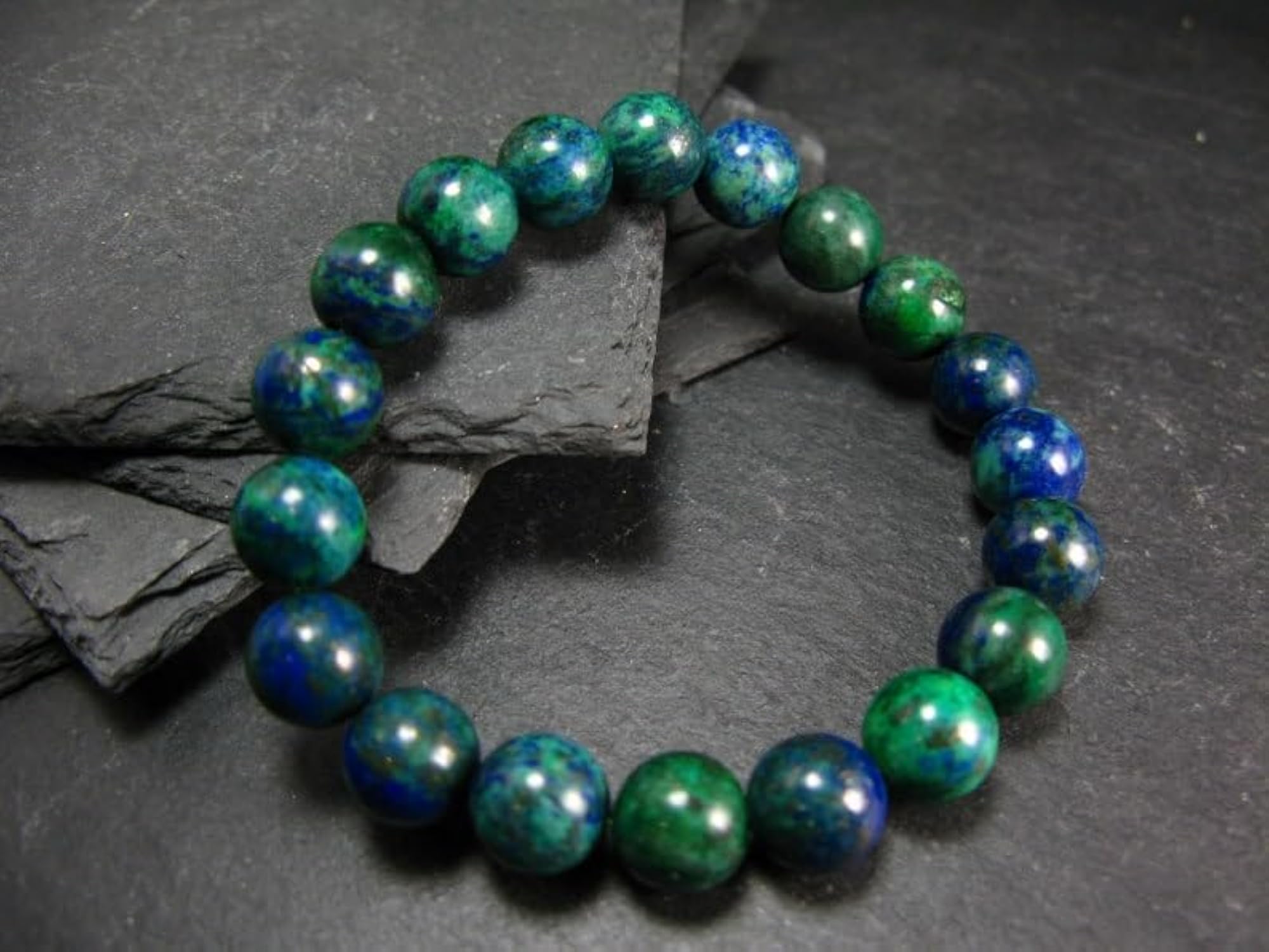Natural Dioptase Chrysocolla Malachite Shattuckite 10mm Smooth Cut Beads Stretchable Bracelet, Unisex