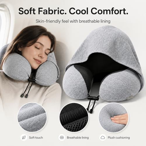 Image of Hooded Travel Pillow for Airplane, Memory Foam Neck Pillow for Long Flights, 360 Head Neck & Chin Support, Light Blocking Privacy Hood, Adjustable Drawstring, Compact Carry Bag for Plane Car Office