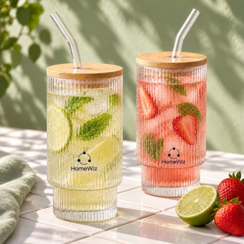 Image of HomeWiz Ribbed Glass Tumbler Set of 2 (450ml) with Bamboo Lid & Glass Straw - Vintage Sipper Glasses | Borosilicate Cups for Cold Coffee, Iced Tea, Juice & Smoothies | Reusable Cold Brew Tumbler