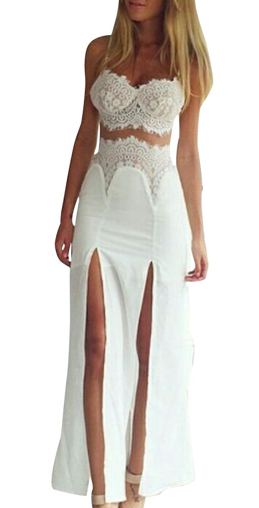 Peelm Women's Sexy 2 Pcs Spaghetti Strap Lace Cropped Clubwear Slit Maxi Dress
