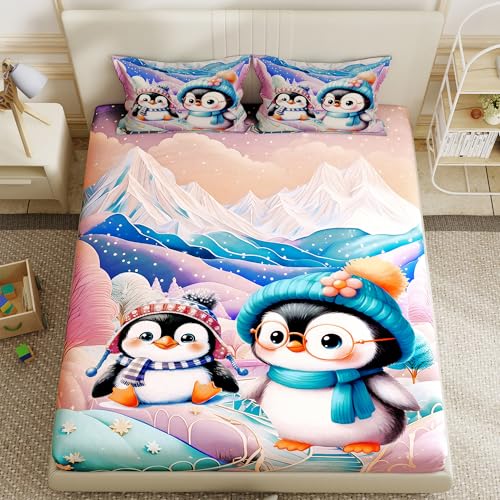Image of Story@Home Penguins 7D bedsheet for Double Bed 240TC Premium Cotton Feel Microfiber with 2 King Size Pillow Cover | 225 cm x 250 CM | Pink Penguin Kids bedsheet for Boys and Girls