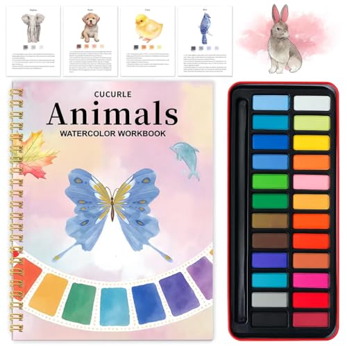 Cuaderno Acuarela Animales – Watercolor Workbook con 24 Colores y Pinceles, Libro para Colorear Adultos, Libros para Colorear con Acuarelas, Libro Pintar con Agua para Principiantes, Set regalo d'arte
