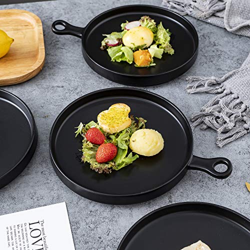 Bruntmor 6" Ceramic Appetizer Plates | Serving Platter | Set of 4, Cute Round Black Simple Modern Ceramic Salad/Dessert Plates | Dinner Plates Set With Handle | Dinnerware