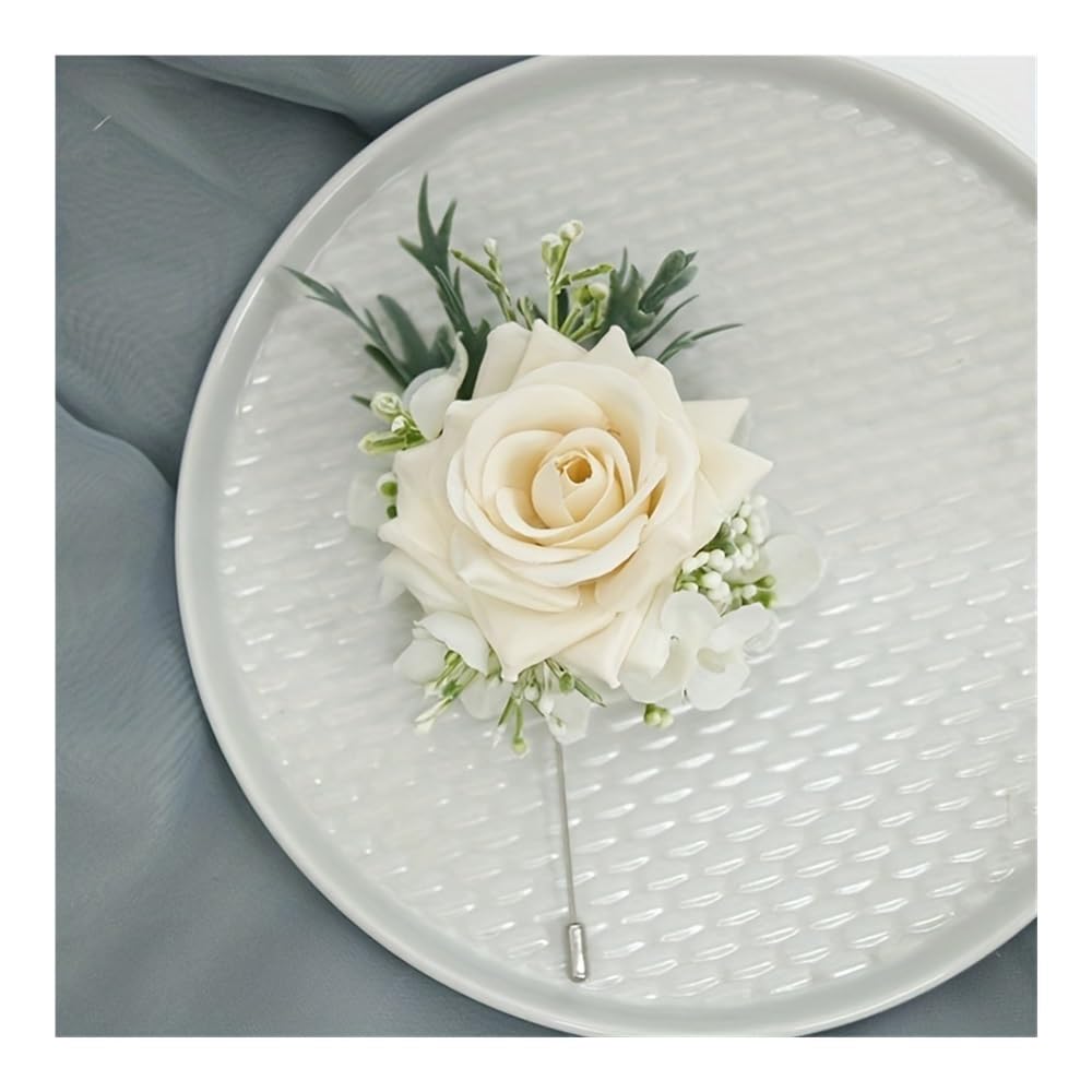 Fiocco da polso con rose e fiore all'occhiello per sposa, damigella d'onore, uomo, sposo, accessori, decorazioni per abiti da ballo (champagne) bianco (1 bouquet, 5 pezzi)