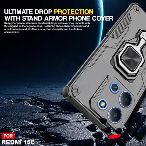 Image of AESTMO Armor Back Cover for Redmi 15C 5G / Poco C85 5G | Ring Holder & Kickstand & Camera Protection in-Built | 360 Degree Protection Back Case Cover (Black)